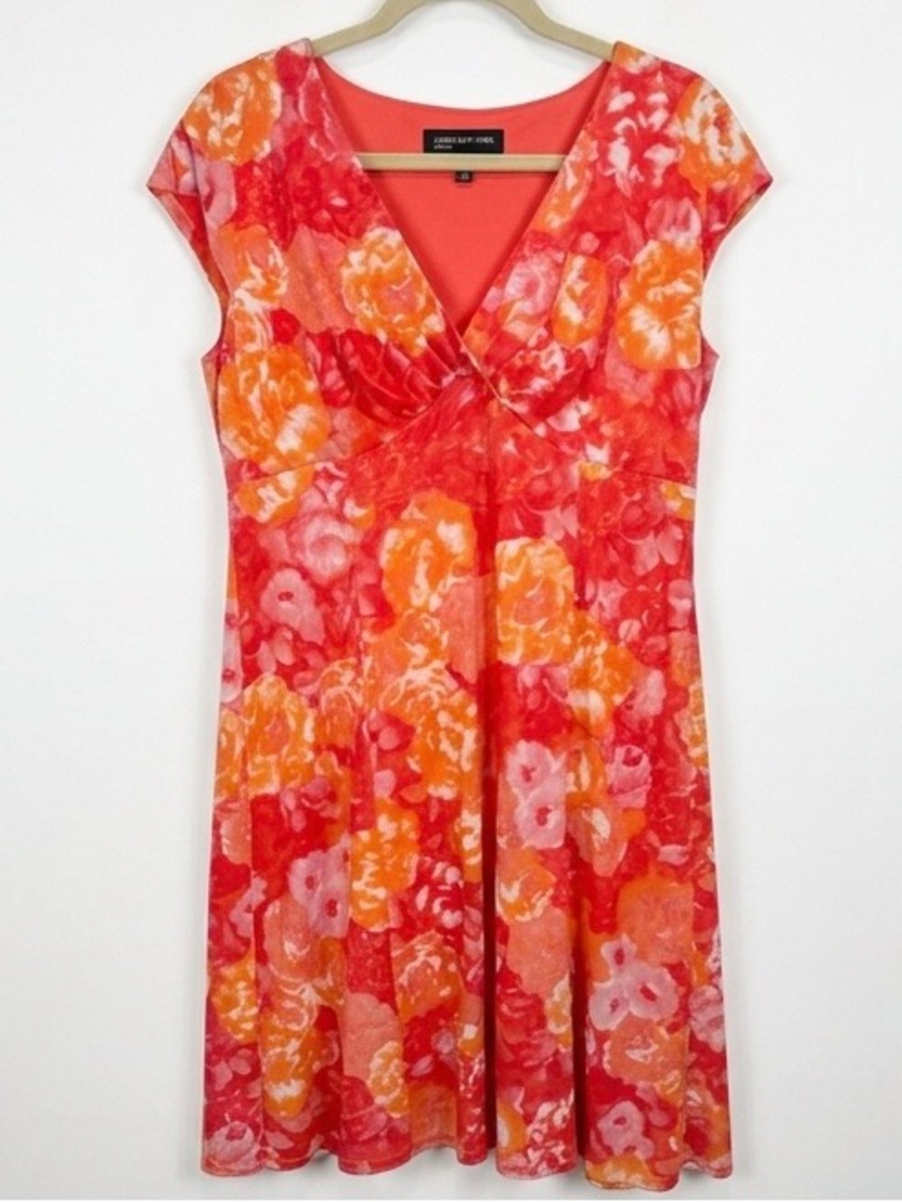 Jones New York Red Floral Midi Dress with Orange Accents size 14 Like New